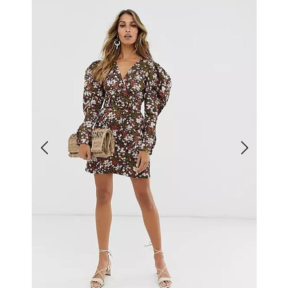 & Other Stories Extra Puff Sleeves Mini Dress Floral Pink Black Size 0 NWT - Picture 4 of 13